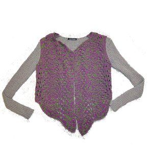 🏵Vintage Michael Simon Skittles Green & Pink Crochet Asymmetrical open Cardigan